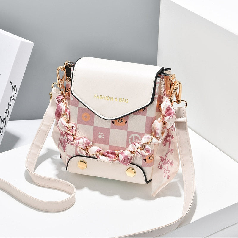 Fashion Women Pattern Shoulder Bag Hardware Chain Strap Color Block Messenger Handbag Composite Cross Body Bag