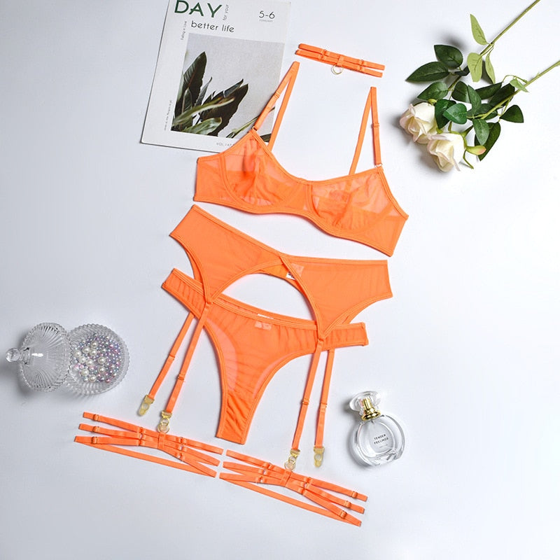 4 Pieces Set Woman Sexy Lingerie Erotic Underwear Bra Garters Brief Sets Transparent Lace Seamless Blue Ladies Panties Thong