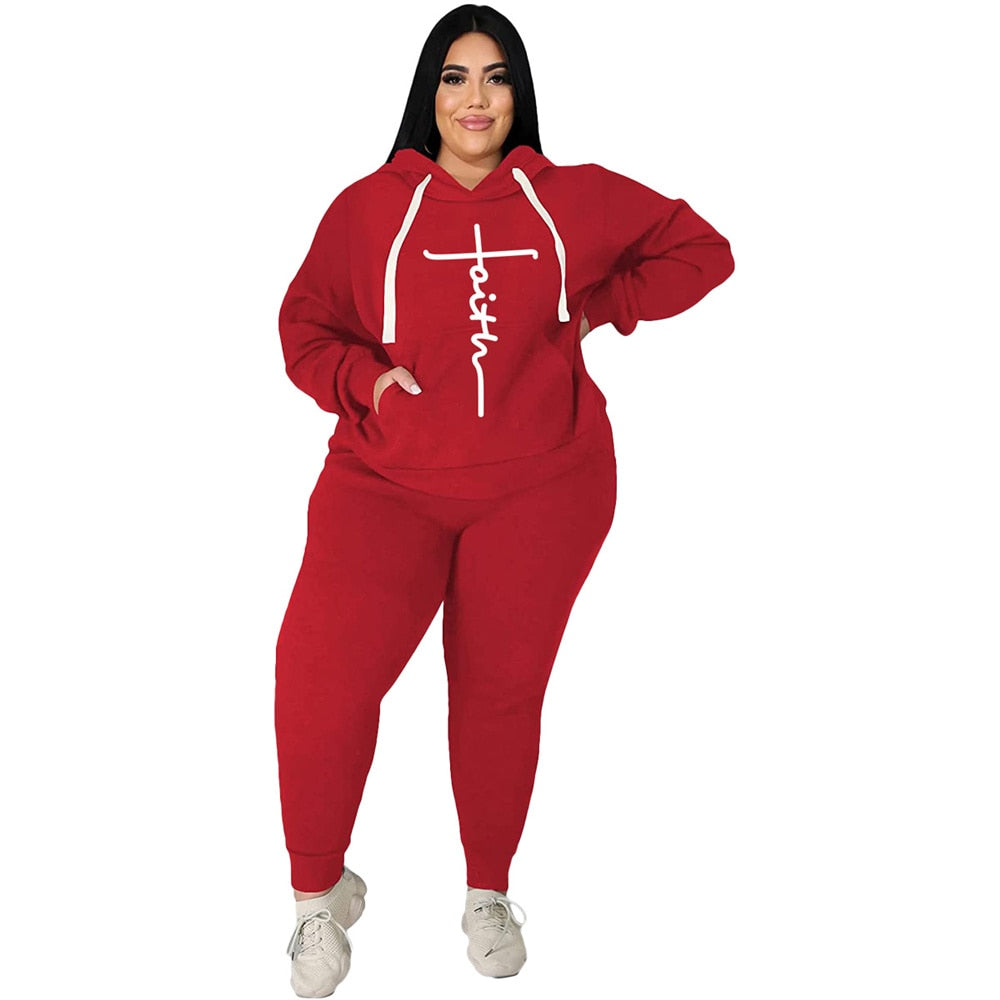 Trendy Tracksuit Sets Plus Size Women Clothing 2 Piece Sets Fashion Pocket Sweatshirt Print Stretch Sports Pants Suits Wholesale