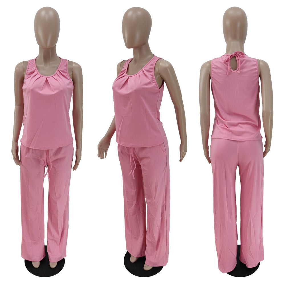 Echoine Solid Lounge Wear Sleeveless Tank Top Pleated Round Collar Tops Wide Leg Pants Pocket Two Piece Set Casual Loose Outfits