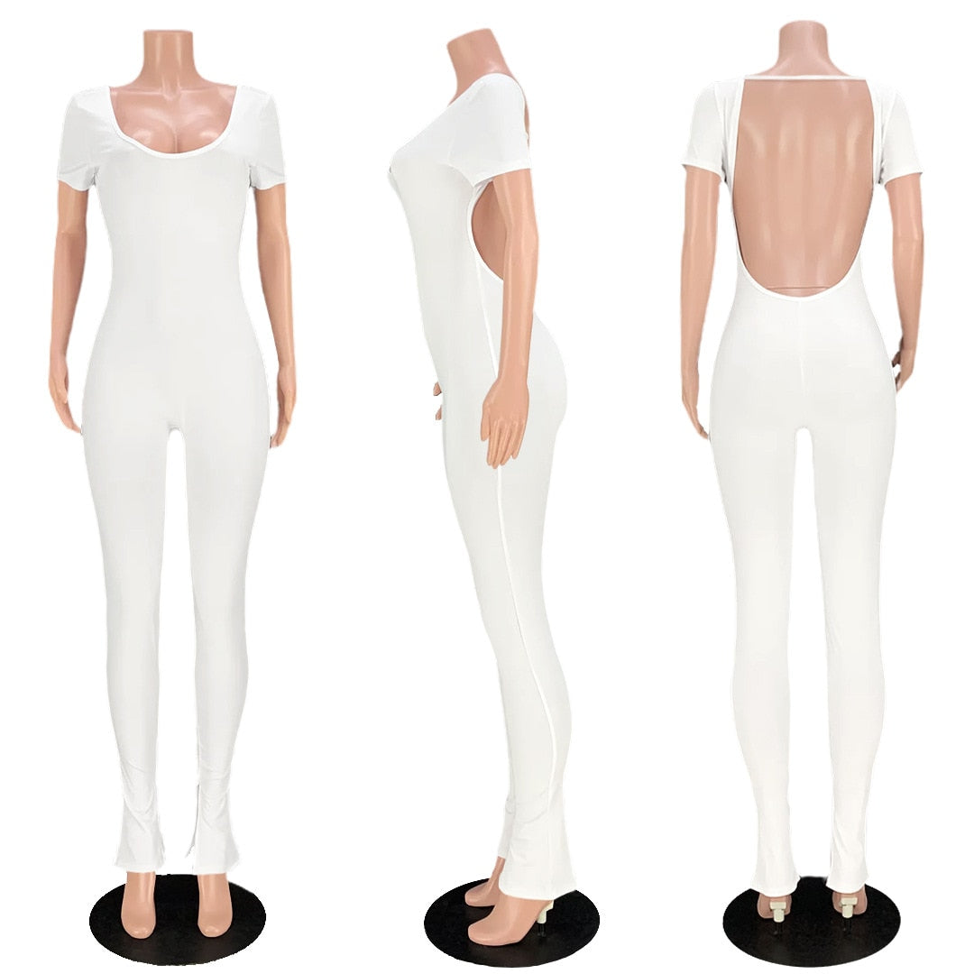 Echoine 2022 Women New Solid Backless Slit Flared Long Pants  bodysuits Short Sleeve Jumpsuits Fasion Sexy Club Party overalls