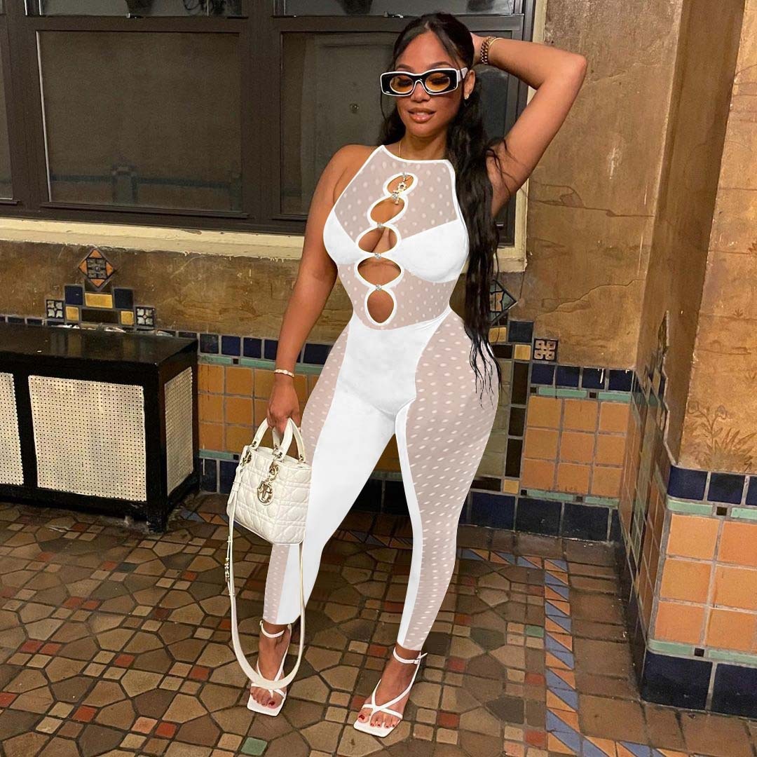 hirigin Mesh Patchwork Women Sleeveless Cut out Jumpsuit Skinny Sexy Streetwear Sportswear Long pant Rompers 2022 Summer Outfits