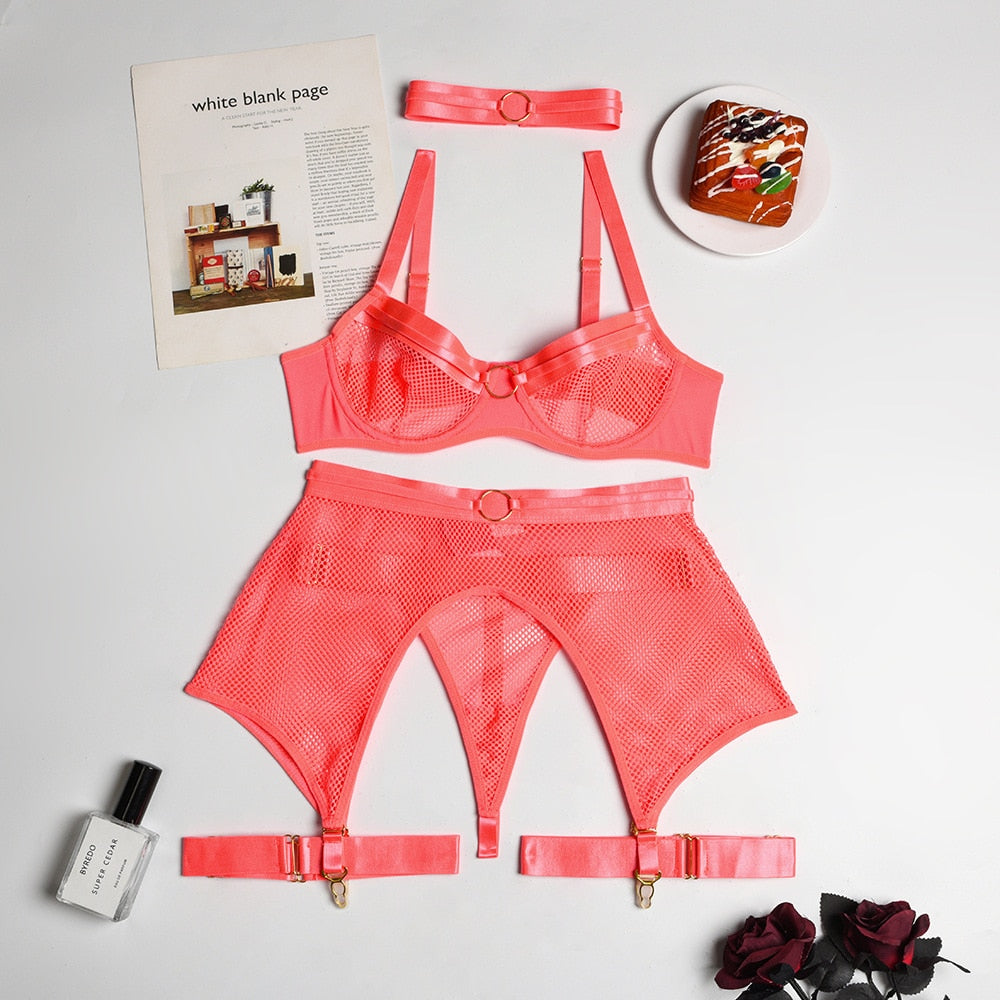 MIRABELLE Neon Orange Lingerie Sexy Mesh Erotic Costumes 4-Piece Exotic Set Underwear Bra and Panty Garters See Through Lingerie