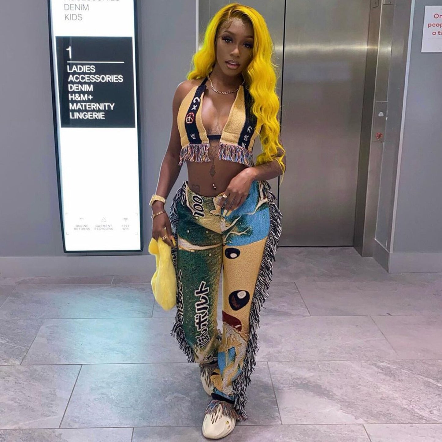 Print Tassel Beach Wear Two Piece Set Sexy V Neck Halter Lace Up Crop Top + Straight Pants Suits Club Party Tracksuit Women