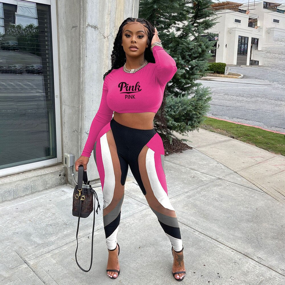 FAGADOER Street Casual Two Piece Set Women Sporty Pink Letter Print Crop Top Skinny Patchwork Leggings Matching Outfit Tracksuit