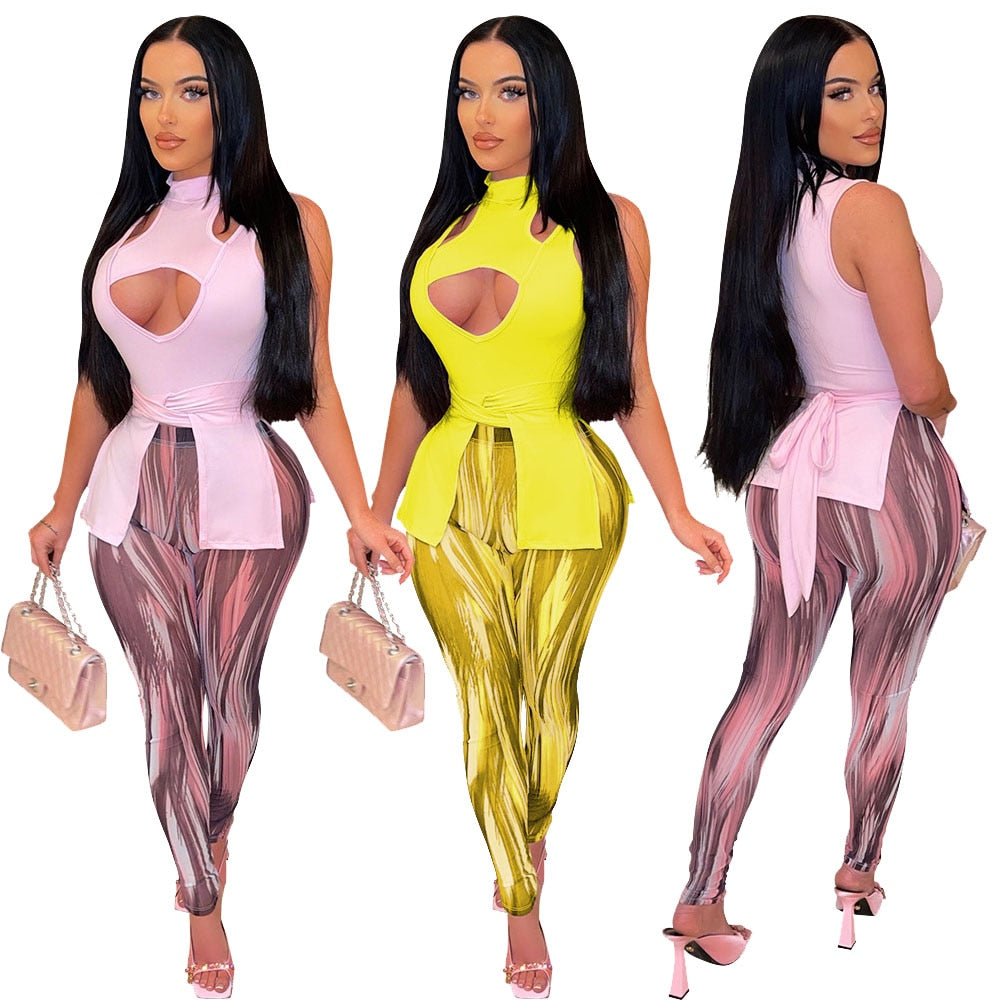 Echoine 2022 Spring/Summer Women's Hollow Sexy Sleeveless Strappy Irregular Top and Printed Trousers Slim Casual Two-piece Set