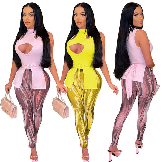 Echoine 2022 Spring/Summer Women's Hollow Sexy Sleeveless Strappy Irregular Top and Printed Trousers Slim Casual Two-piece Set