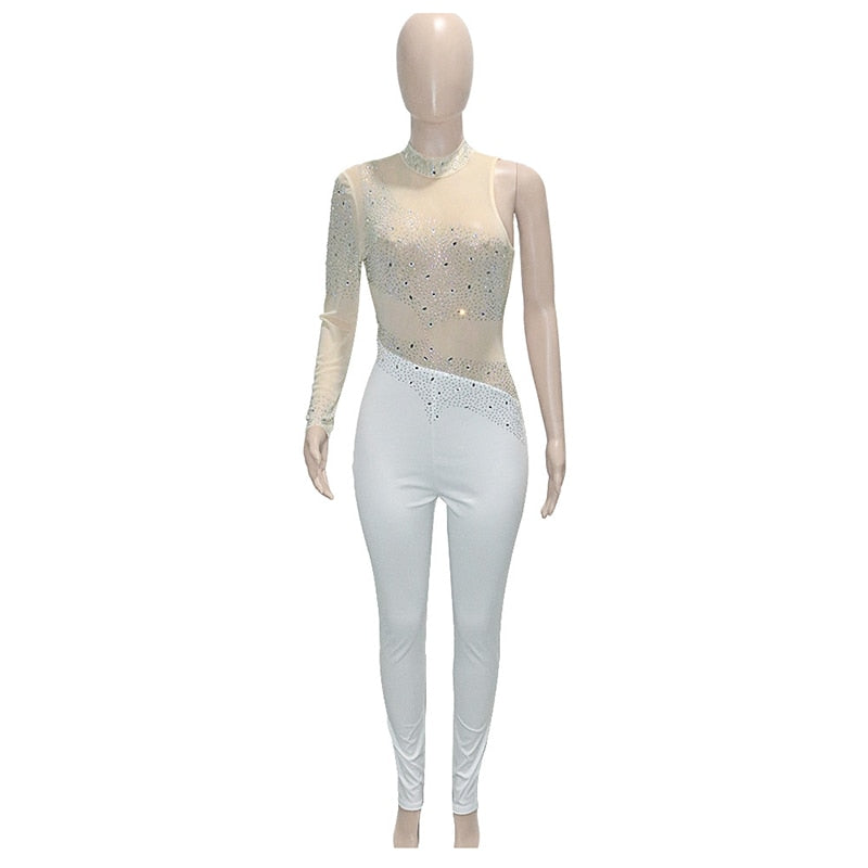 One Shoulder Sexy See Through Bodycon Outfits Perspective Summer Clothes Romper Rumper Jumpsuit Mesh Rhinestones Woman Bodysuits