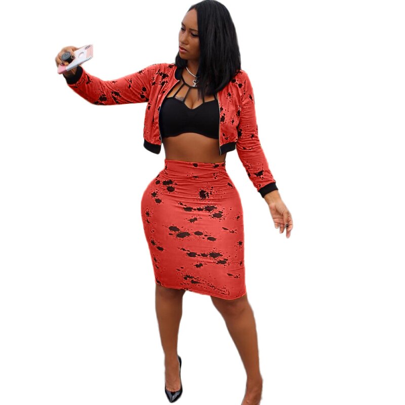 Women Crop Jacket and Midi Skirts Summer Outfit Camo Skirt 2 Peice Set Fashion Zipper V Neck Full Sleeve Crop Top Skirt Sets
