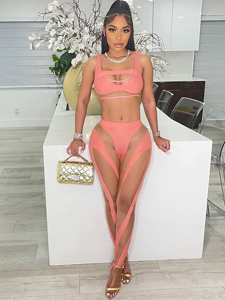 Kliou Mesh Patchwork Two Piece Set Women Skinny Hole Sleeveless Vest+Mid Waist See Through Leggings High Street Attirewear Suits