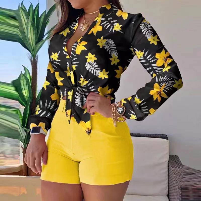 2022 Women's Suit Summer Tracksuit Shorts Sets Two Piece Sets Women Outifits Long Sleeve Sexy Print Blouses Women No Belt