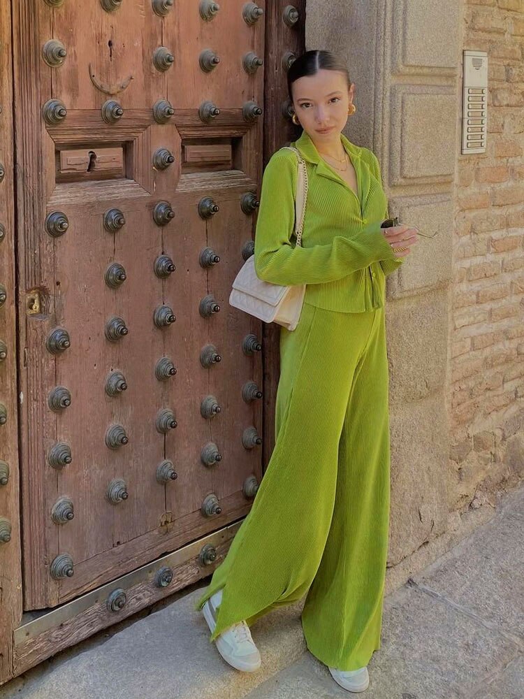 Women Pleated Sets Long Sleeve Blouse Two Piece Sets Casual Outifits Tracksuit Green Loose High Waist Wide Leg Pants Suits 2022