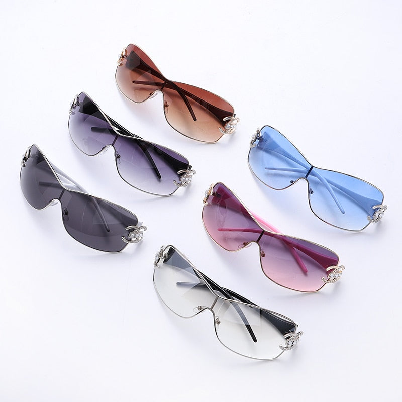 New Trendy Diamond Sunglasses Women Luxury Brand Designer One Piece Oversized Sun Glasses Ladies Fashion Eyewear Large Frame
