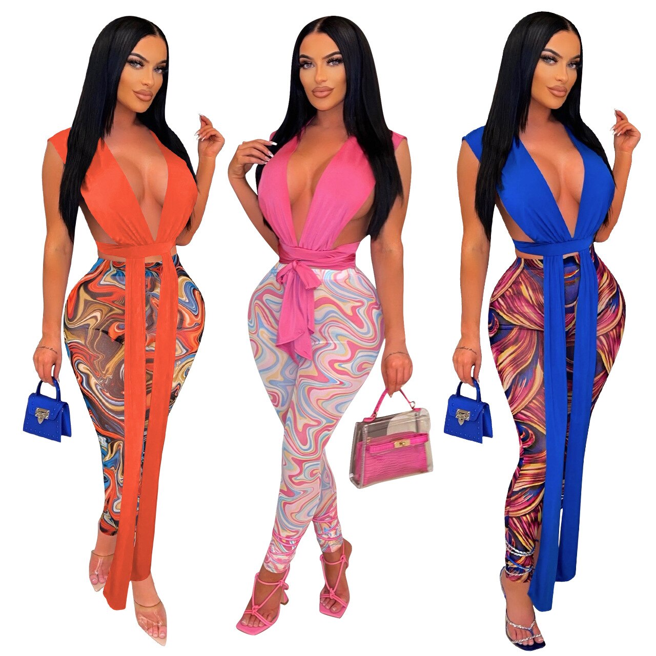 Sexy Strap Crop Top 2 Piece Sets Women Printed Mesh Long Pants and Sleeveless Backless Crop Top Summer Party Night Clubwear 2022
