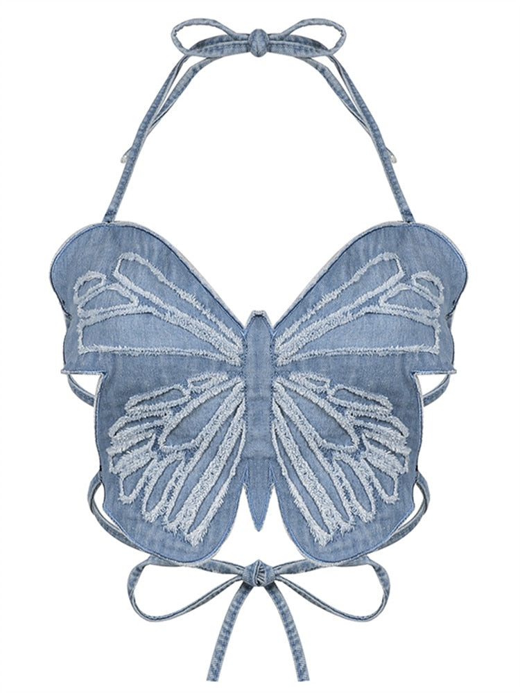 Rapcopter y2k Butterfly Jeans Crop Top Backless Strap Camis Sexy Blue Cute Party Sweats Women Beach Holiday Mini Vest Summer Tee