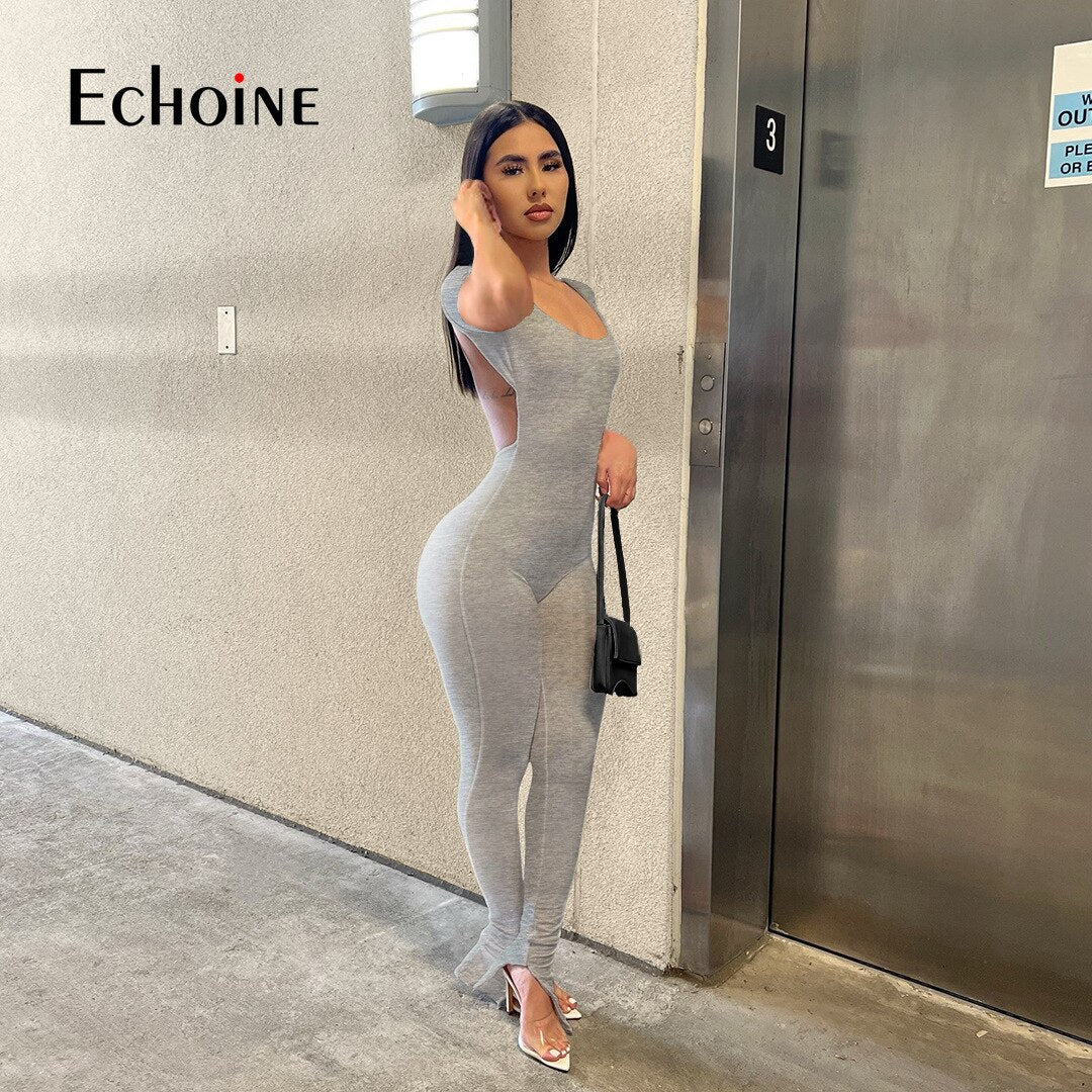 Echoine 2022 Women New Solid Backless Slit Flared Long Pants  bodysuits Short Sleeve Jumpsuits Fasion Sexy Club Party overalls