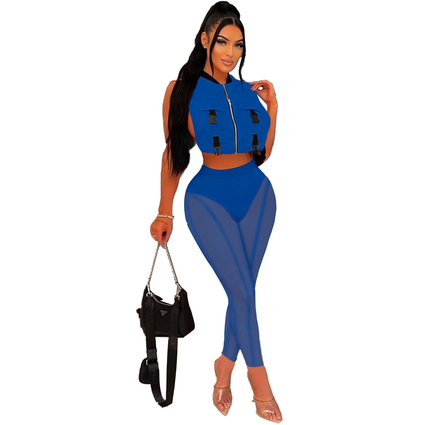 Fitness Sporty Two Piece Sets Women Summer Tracksuit Solid Zips Jackets Tops Sheer Mesh Leggings Pants Outfit Party Club Suits