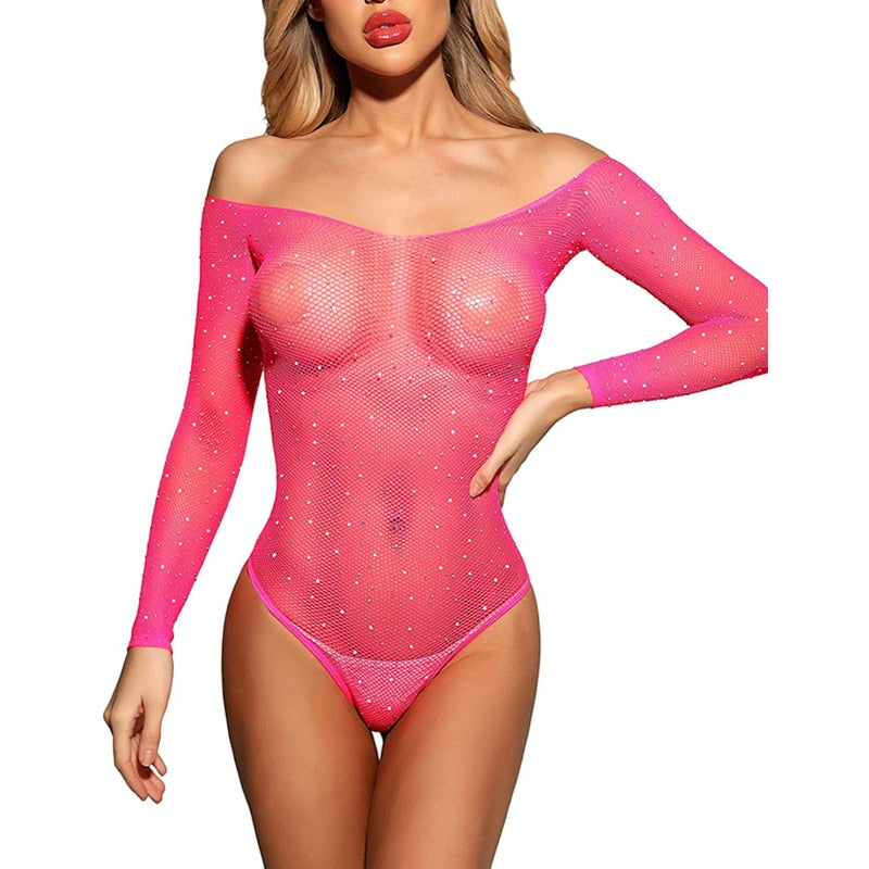 One-Piece Sexy Lingerie Bodysuit Women Bodystocking Bling Rhinestone Underwear Transparent Open Strapless Fishnet Erotic Bra Set