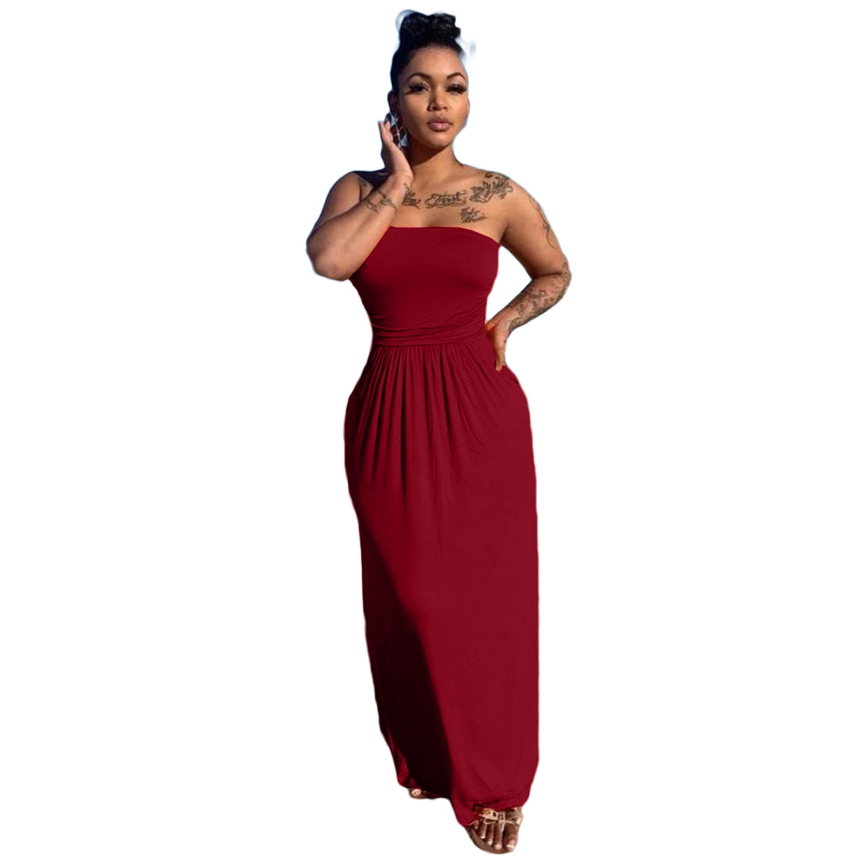 Women Casual Strapless High Waist Loose Hem Maxi Dress for Streetwear Beach Sexy Summer Floor Length Long Dresses