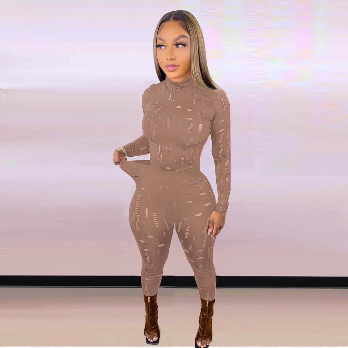 Irregular Hole Fall Trend Skinny  Women Tracksuit Sexy Hollow Out  Top T-Shirt + Slim Pencil Pants 2 Piece Matching Set Outfits