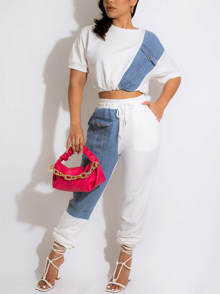 Women Two Piece Colorblock Denim Patchwork Suits Short Sleeve Crop Top &amp; Slim Pants Set