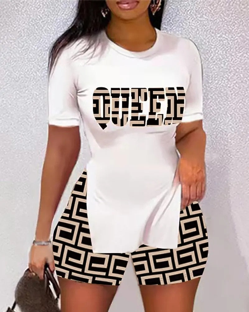 Women O Neck Letter Print Split Hem Short Sleeve Ladies Top &amp; Shorts Set Summer Casual Oversized Two Piece Suits