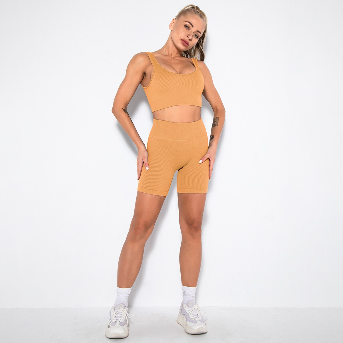 LANSWE Seamless Women Yoga Set Sportswear Gym Clothing Sport Set Women High Waist Seamless Leggings Fitness Sport Bra Crop Top