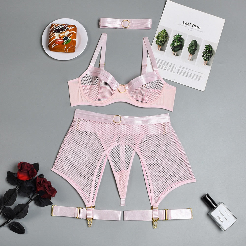 MIRABELLE Neon Orange Lingerie Sexy Mesh Erotic Costumes 4-Piece Exotic Set Underwear Bra and Panty Garters See Through Lingerie