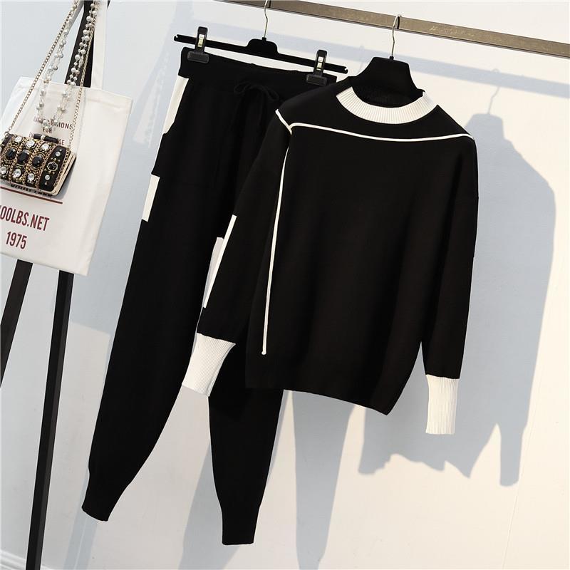 2022 Autumn Runway 2 Pieces Set Knitted Long Sleeve Pullovers Sweater Casual Patchwork Knit Jumper Tops and Pants Suits spring
