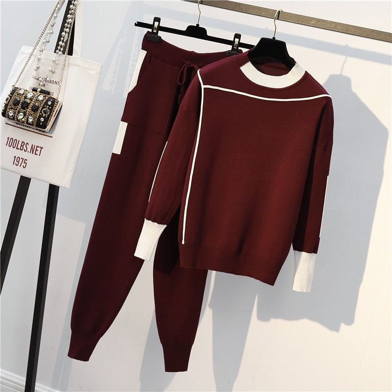 2022 Autumn Runway 2 Pieces Set Knitted Long Sleeve Pullovers Sweater Casual Patchwork Knit Jumper Tops and Pants Suits spring