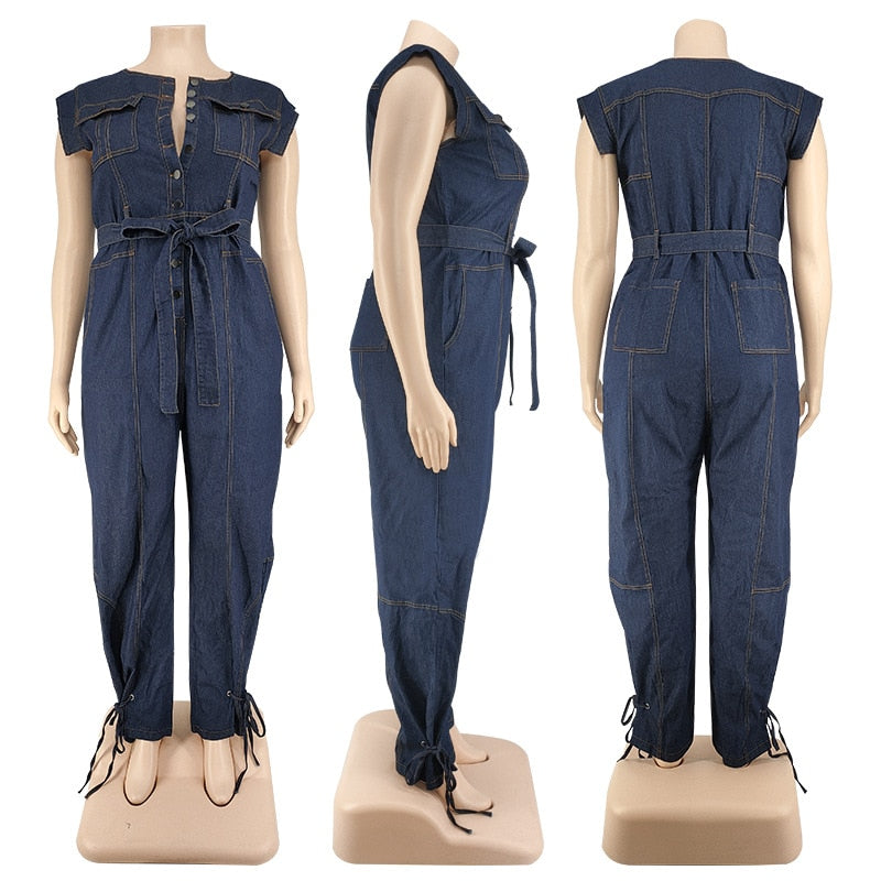 Women Clothing Summer Denim Jumpsuit Washed Jeans Romper Buttons Jump Suit Cowboy Wide Leg Pant Jumpersuit Streetwear
