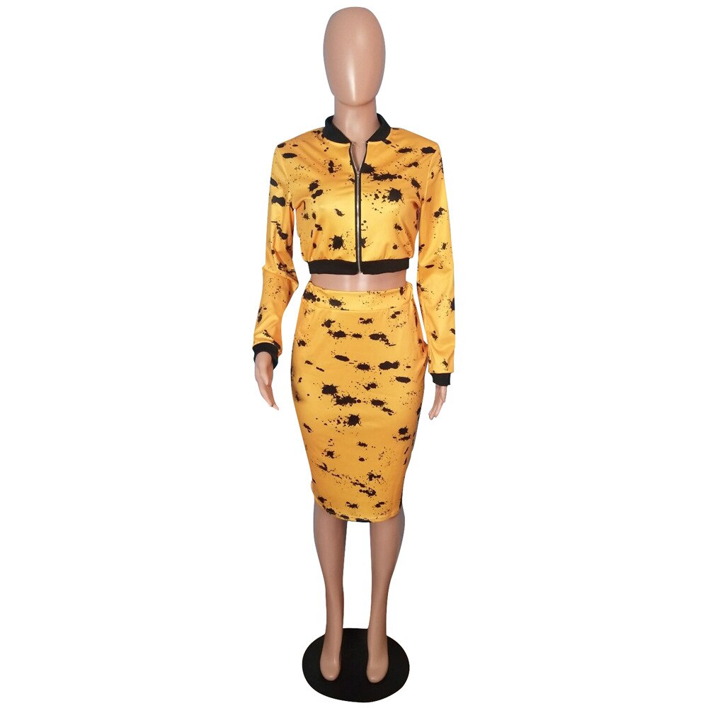 Women Crop Jacket and Midi Skirts Summer Outfit Camo Skirt 2 Peice Set Fashion Zipper V Neck Full Sleeve Crop Top Skirt Sets