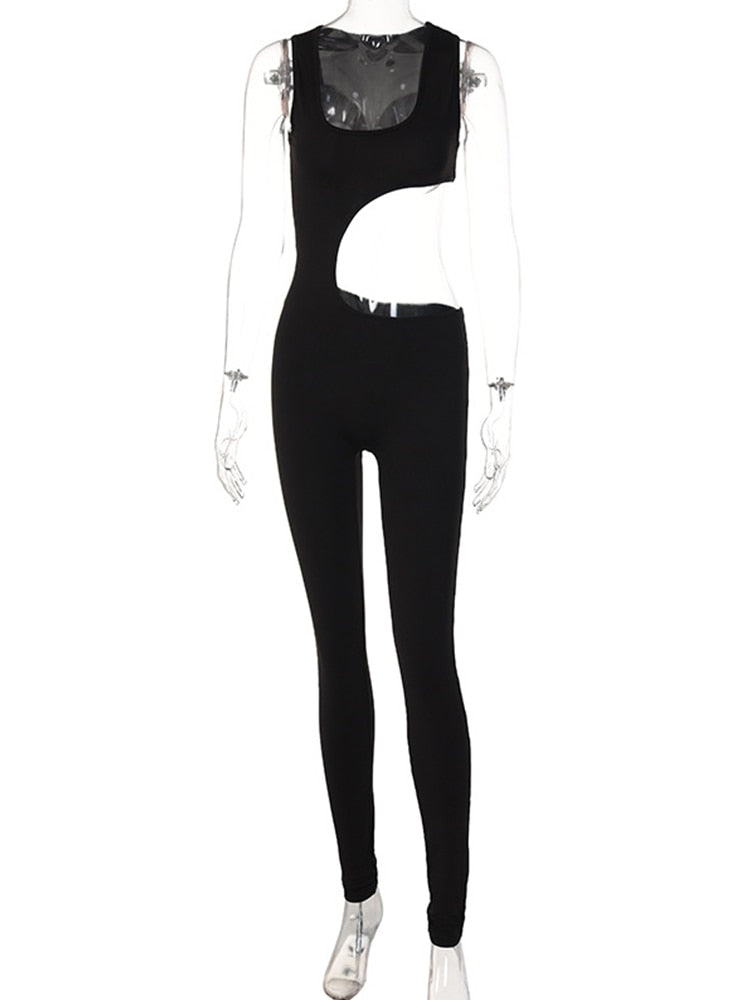 Joskaa Solid Irregular Cut Out Sleeveless Bodycon Rompers and Women Jumpsuits Summer 2022 Sexy Fitness Workout Jump Suits