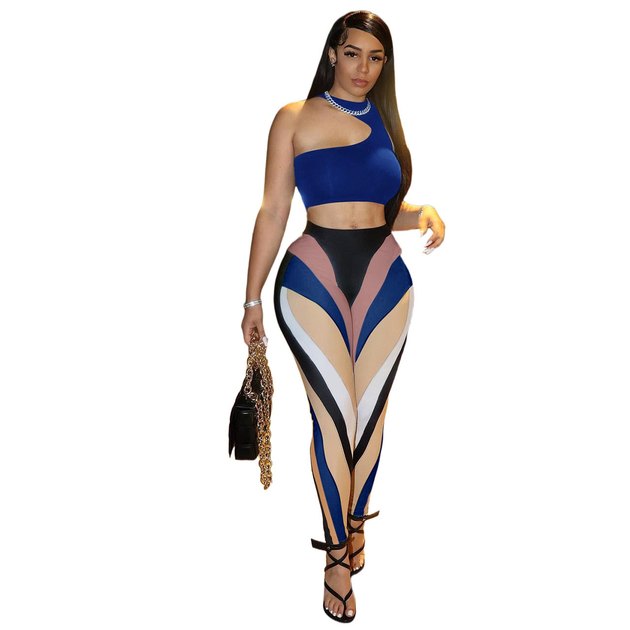 Color Block Summer 2 Piece Set Outfits Sexy One Shoulder Sleeveless Crop Top + Push Up Leggings Skinny Club Matching Set Sport