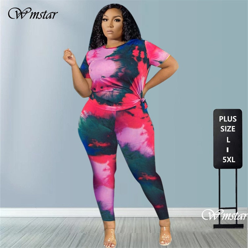 Plus Size Women Clothing 2 Piece Set Outfits Tie Dye Pants Sets Crop and Top Summer Fashion Streetwear Wholesale Dropshipping