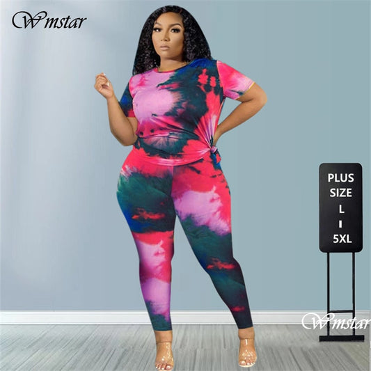 Plus Size Women Clothing 2 Piece Set Outfits Tie Dye Pants Sets Crop and Top Summer Fashion Streetwear Wholesale Dropshipping
