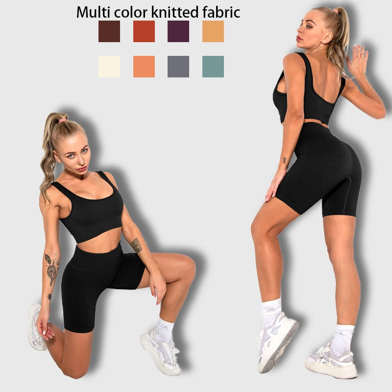 LANSWE Seamless Women Yoga Set Sportswear Gym Clothing Sport Set Women High Waist Seamless Leggings Fitness Sport Bra Crop Top
