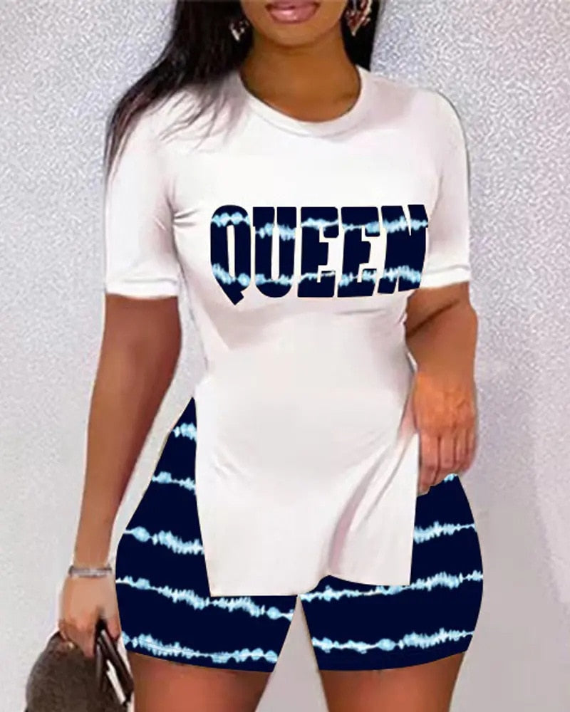 Women O Neck Letter Print Split Hem Short Sleeve Ladies Top &amp; Shorts Set Summer Casual Oversized Two Piece Suits
