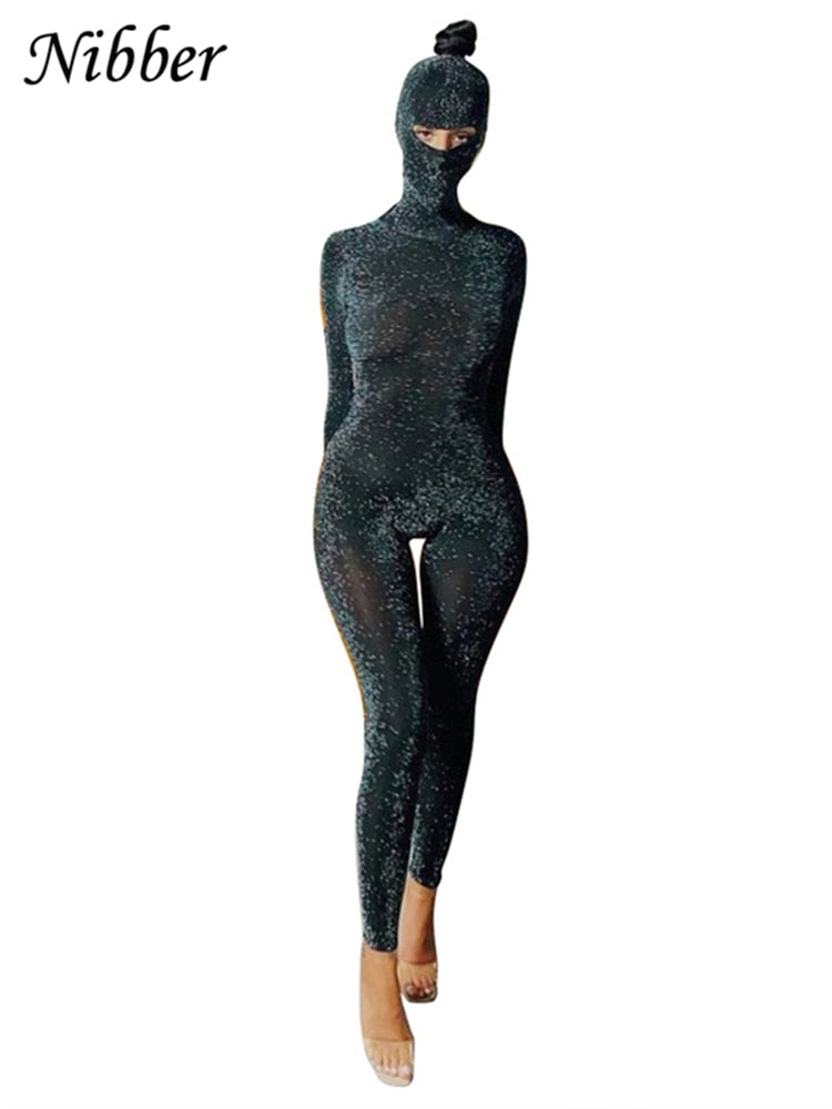 Nibber Glitter Silk Mask Playsuits 2Two Pieces Jumpsuits For Womens Sexy Backless Club Party Wear Long Sleeve One Piece Outfit