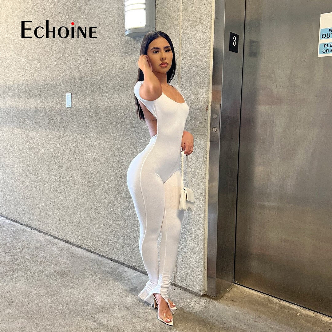 Echoine 2022 Women New Solid Backless Slit Flared Long Pants  bodysuits Short Sleeve Jumpsuits Fasion Sexy Club Party overalls