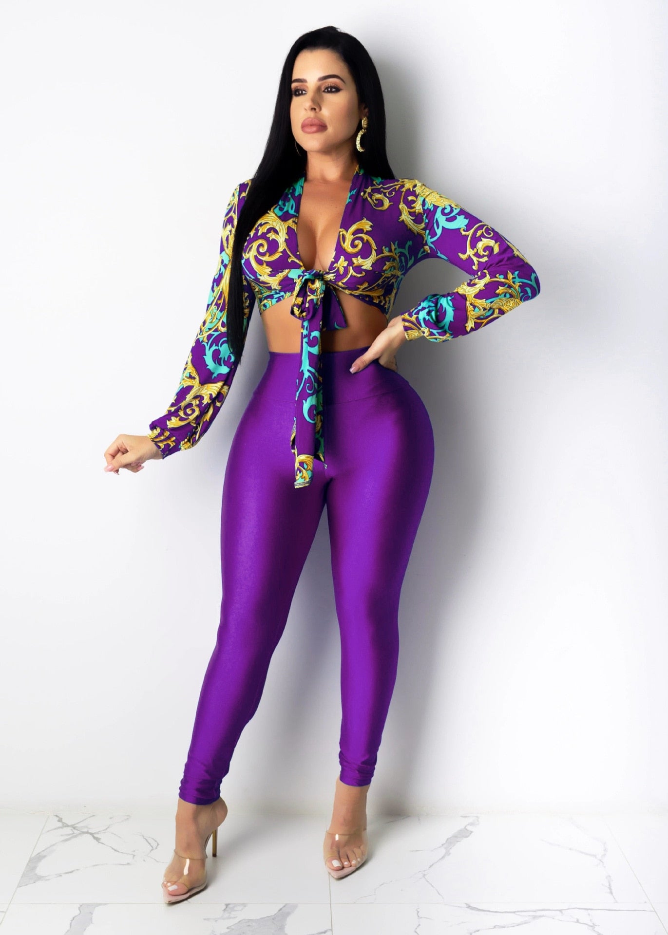 ANJAMANOR 2022 Fall Fashion Two Piece Sets Long Sleeve Crop Top High Waisted Pants Sexy Party Club Outfits D29-DC39