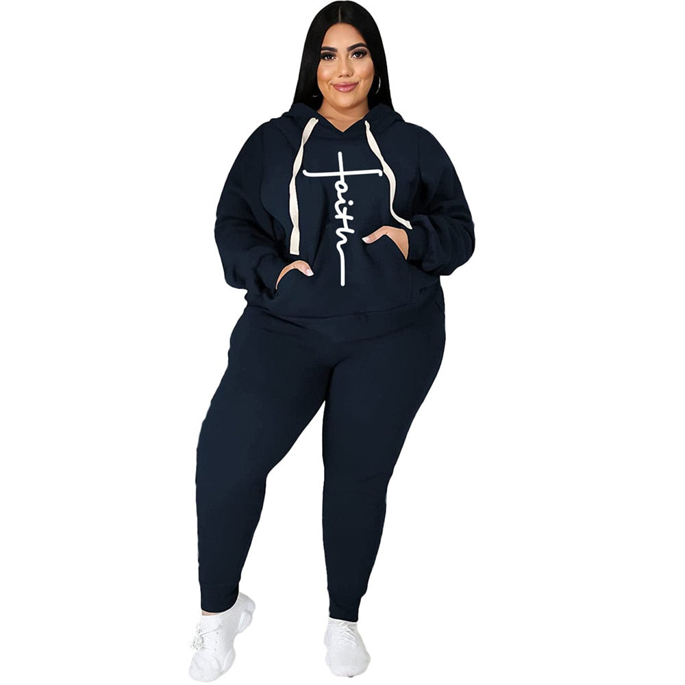 Trendy Tracksuit Sets Plus Size Women Clothing 2 Piece Sets Fashion Pocket Sweatshirt Print Stretch Sports Pants Suits Wholesale