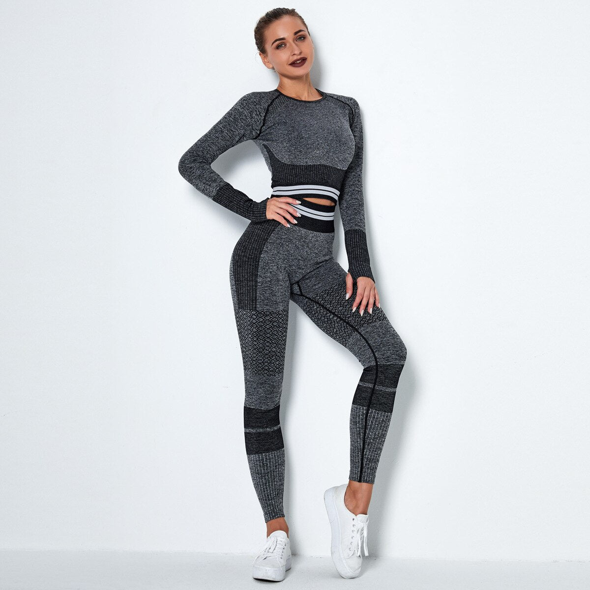 LANSWE Sport Set Women Seamless Yoga Set Sports Long Sleeve Top Sports Top Gym Leggings Yoga Shorts 2 Piece Set Women Yoga Set
