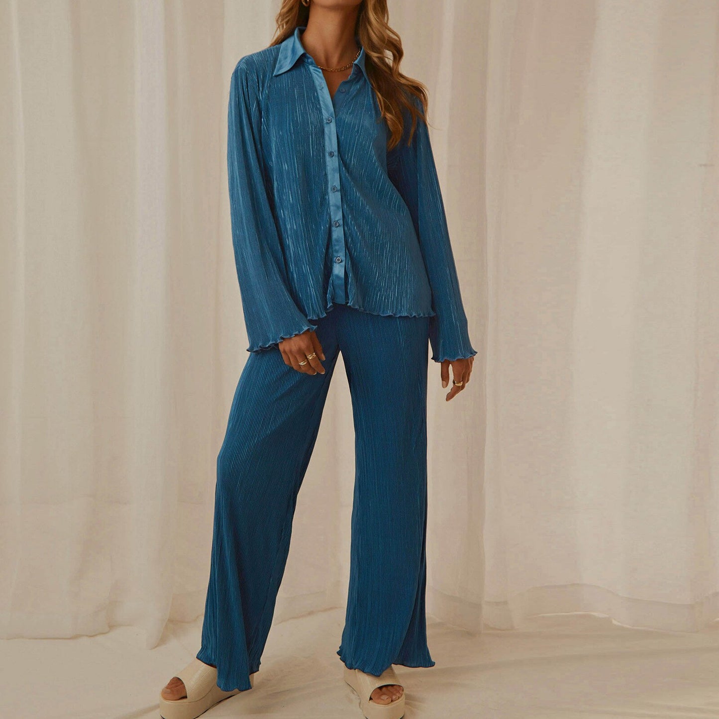 Women's Pleated Set Floral Elegant Casual Long Sleeve Blouses with High Waist Pants Set Female Loose Shirts Two Piece Pant Set
