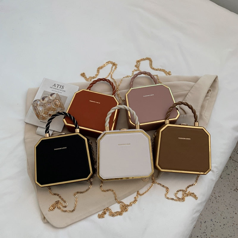 Hard Box Shape PU Leather Crossbody Bag with Short Rope Handle for Women 2022 Shoulder Handbags and Purses Lady Travel Cute Tote