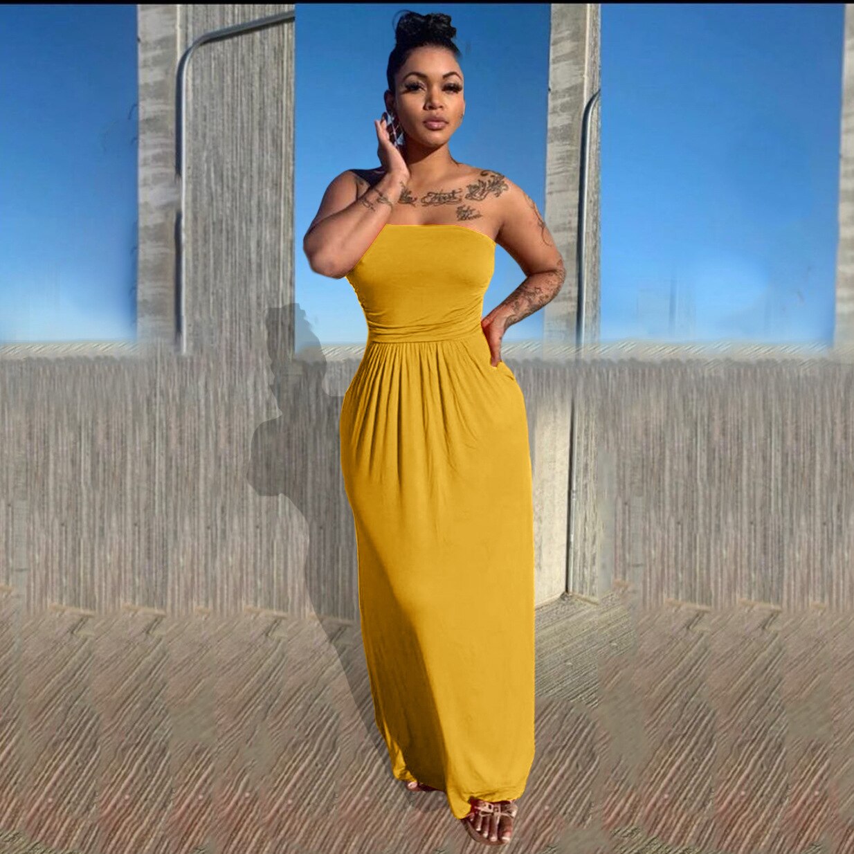 Women Casual Strapless High Waist Loose Hem Maxi Dress for Streetwear Beach Sexy Summer Floor Length Long Dresses