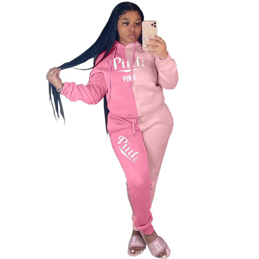 FAGADOER Autumn PINK Embroidery Two Piece Sets Tracksuit Women Outfits Patchwork Long Sleeve Sweatsuits Hoodies Pants Sets Suit