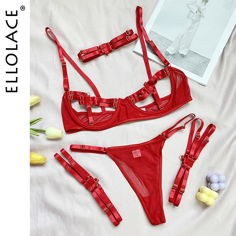 Ellolace Lingerie Sexy Hollow Out 4-Piece Exotic Costumes Sensual See Through Outfits For Woman Neon Green Porn Bottom Whore