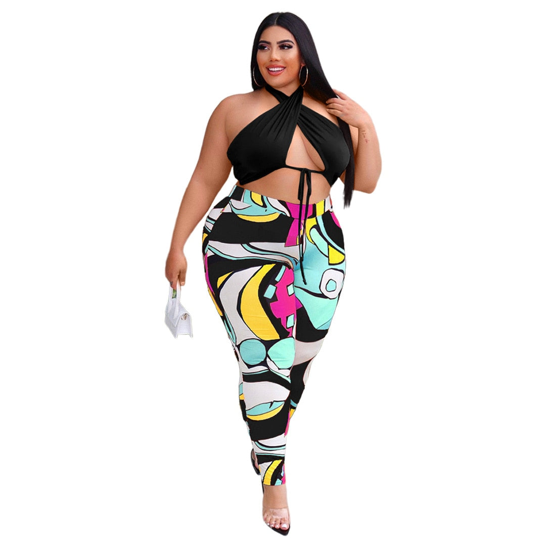 5xl Summer Outfits Sexy Lace Up Top Print Sweatpants Hollow Out Plus Size Two Piece Sets Women Clothing Wholesale Dropshipping