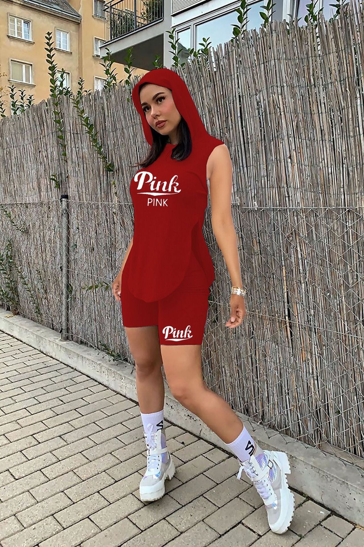 Women's Summer Casual Pit Strip Hood Two Piece Crew Neck Short Sleeve Top and Shorts Pants Printed Fashion Two Piece Set